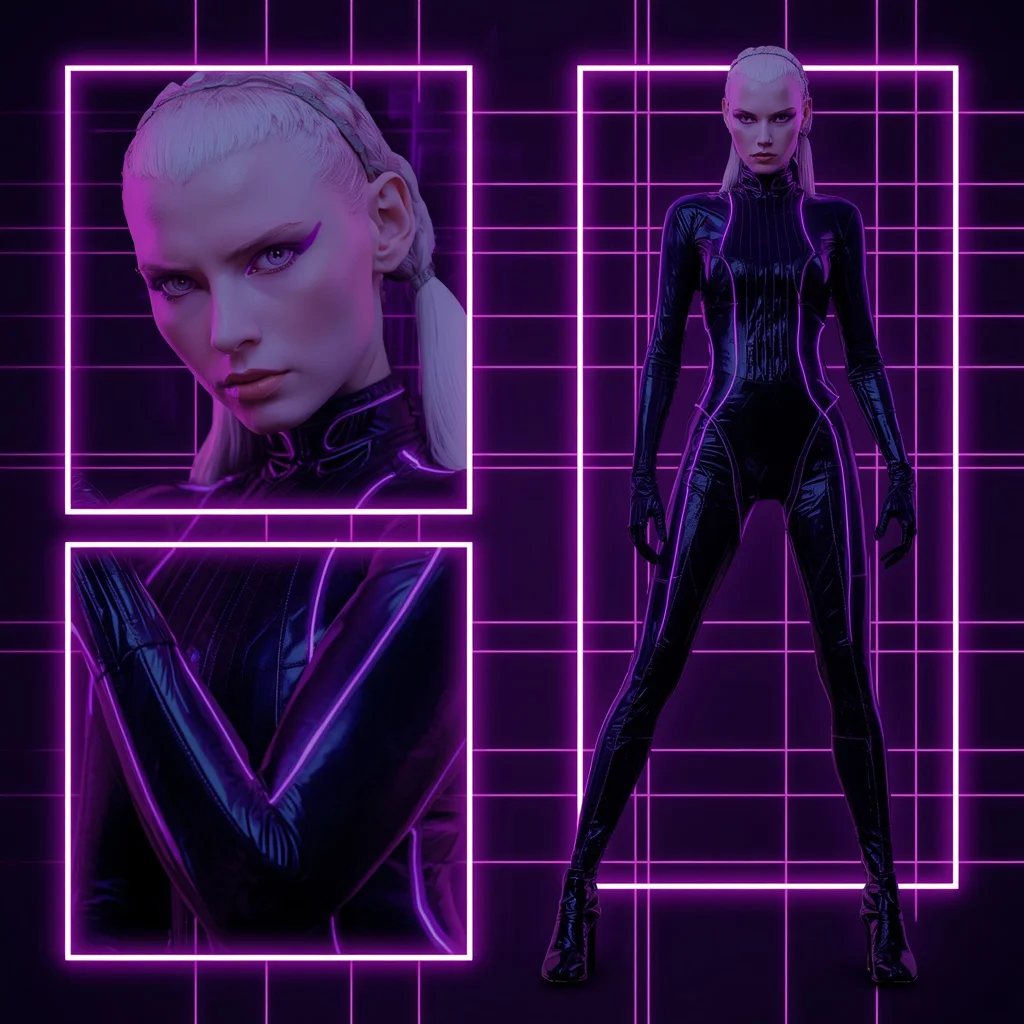 Futuristic Neon Grid with Sleek Cyberpunk Bodysuit — AI image prompt
