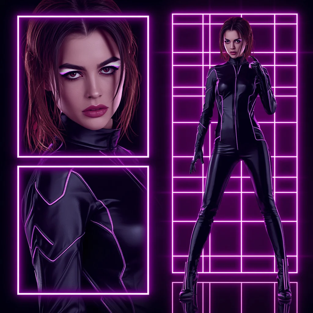 Futuristic Neon Grid with Sleek Cyberpunk Jumpsuit — AI image prompt