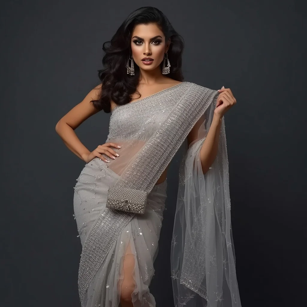 Glamorous Indian Woman in a Sparkling Pastel Silver Saree, High Fashion Elegance — AI image prompt