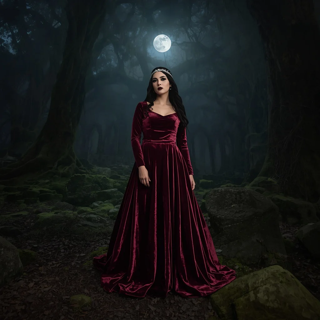 Gothic Velvet Maxi Dress for an Enchanted Forest Photoshoot — AI image prompt