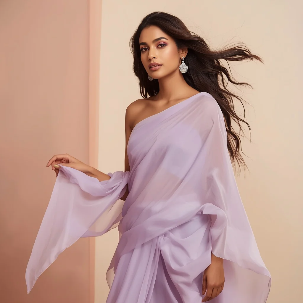 Graceful Indian Woman in a Pale Lavender Pastel Saree with Ethereal Movement — AI image prompt