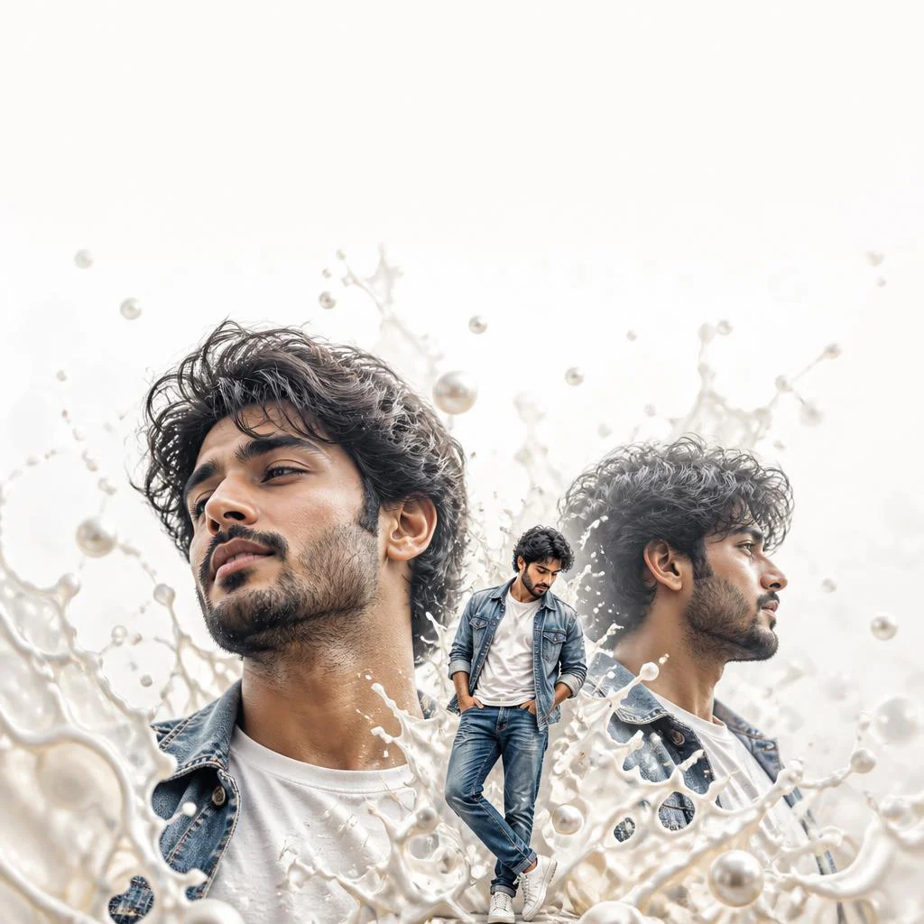 Highly Creative Collage of a Man in Casual Wear with Milky Water Splash — AI image prompt