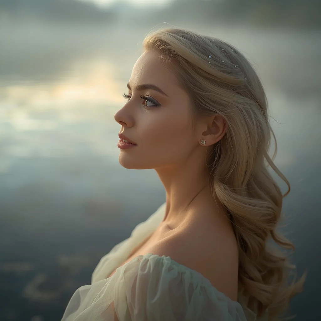 Hollywood Dreamer's Gaze in a Soft-Lit Lake — AI image prompt