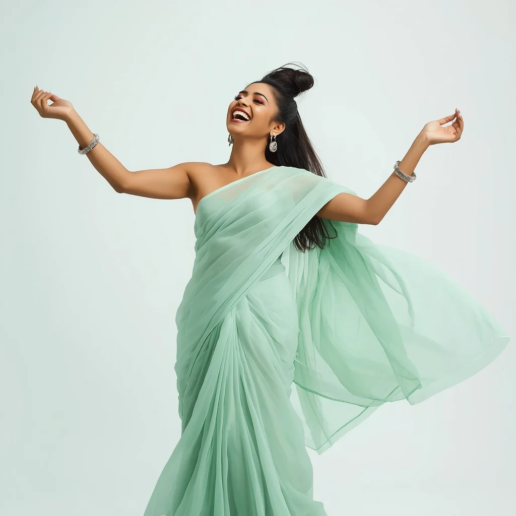 Joyful Indian Woman in a Pastel Green Saree, Dancing with Utter Joy — AI image prompt