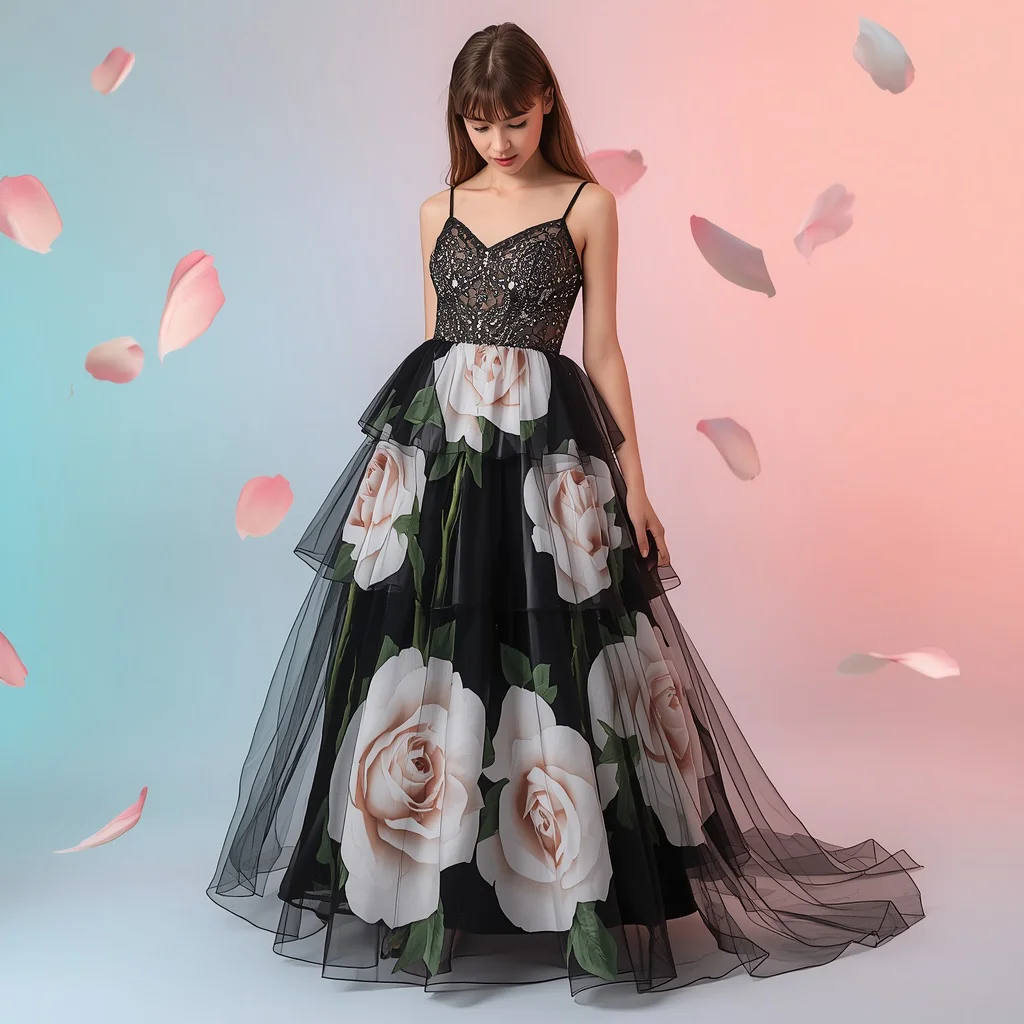 Latest Western Dress Fashion Featuring Floral Organza — AI image prompt