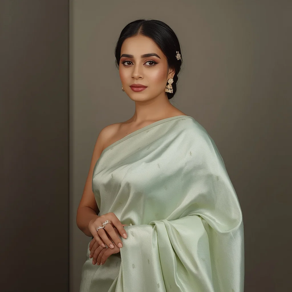 Refined Indian Woman in a Pastel Green Saree, Classically Elegant and Poised — AI image prompt