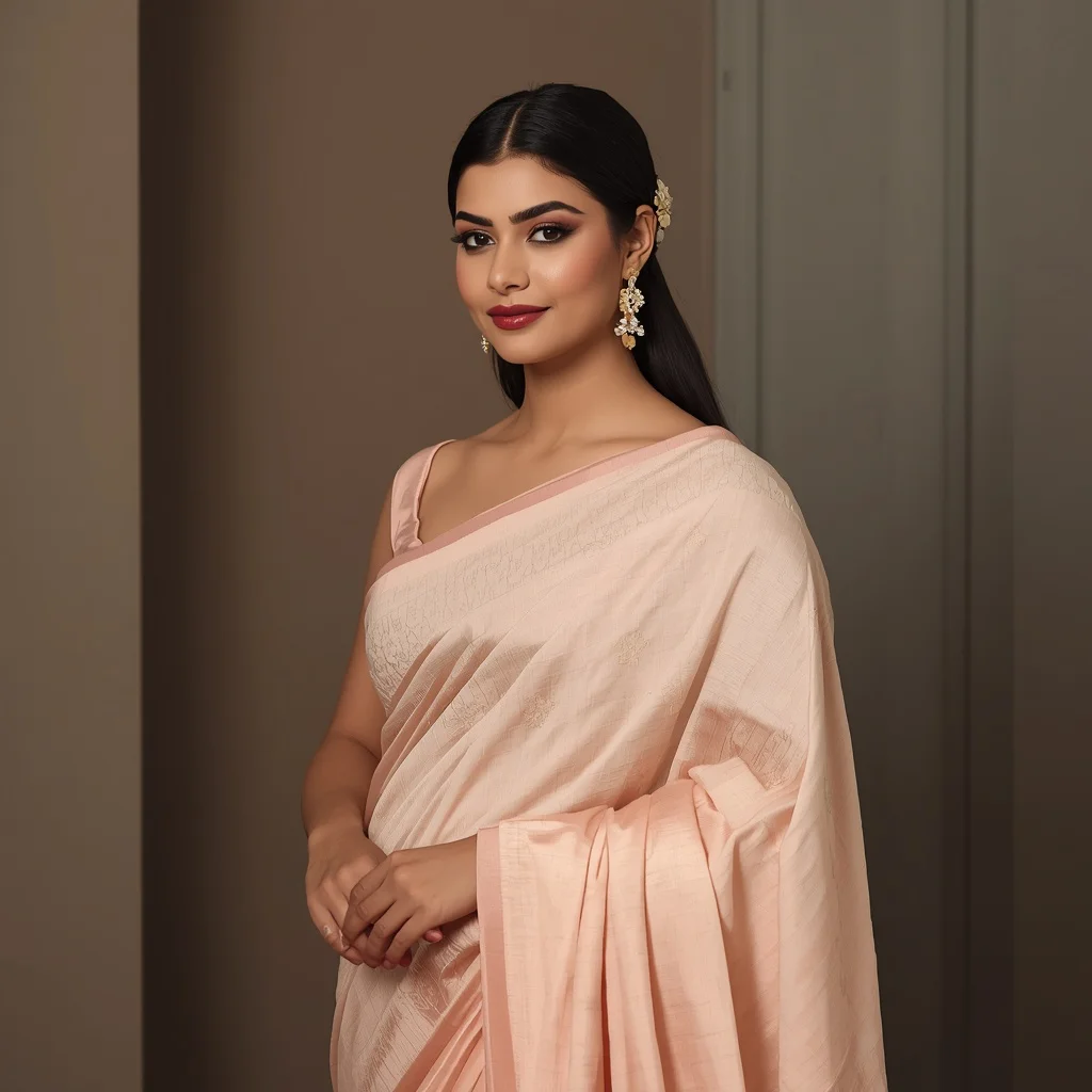 Refined Indian Woman in a Pastel Peach Saree, Classically Elegant and Poised — AI image prompt
