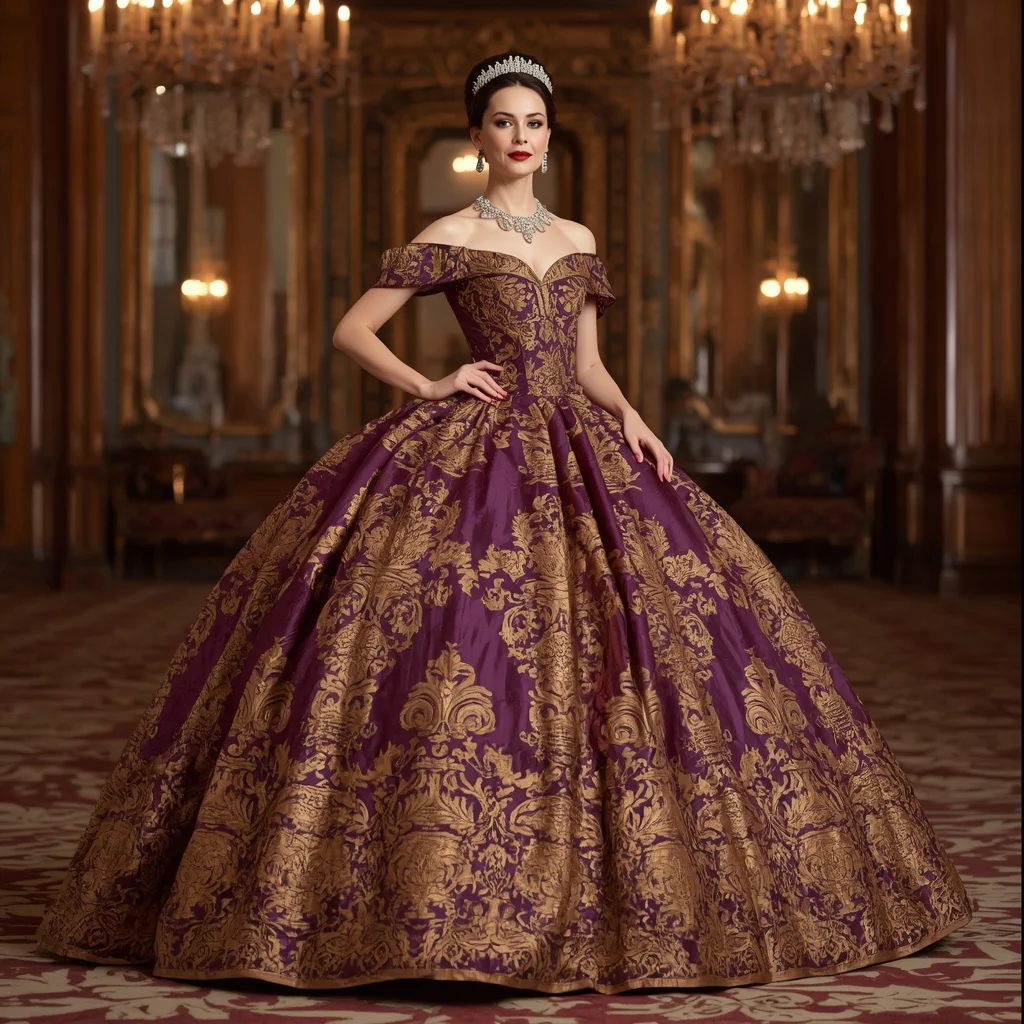 Regal Brocade Gown with Gold Embroidery for a Palace Ball — AI image prompt