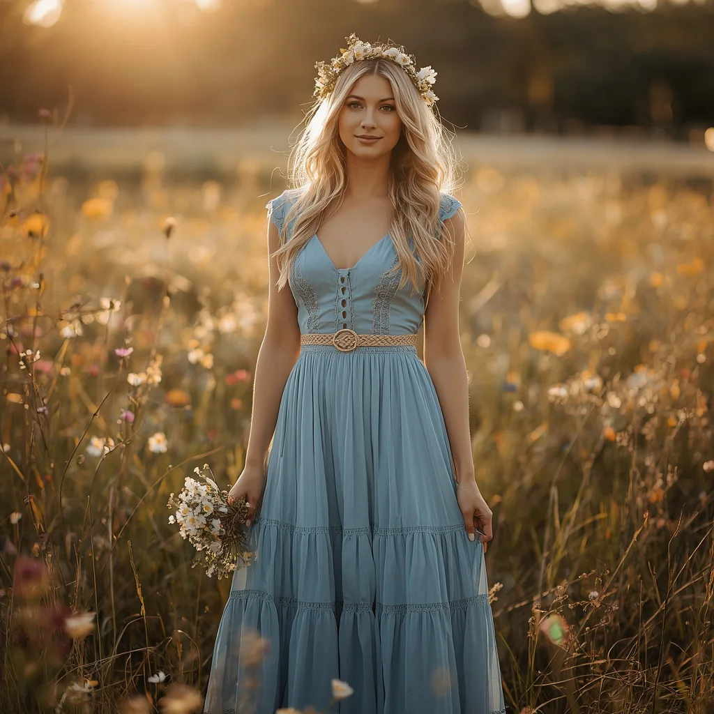 Rustic Romance in a Flowy Blue Prairie Dress — AI image prompt