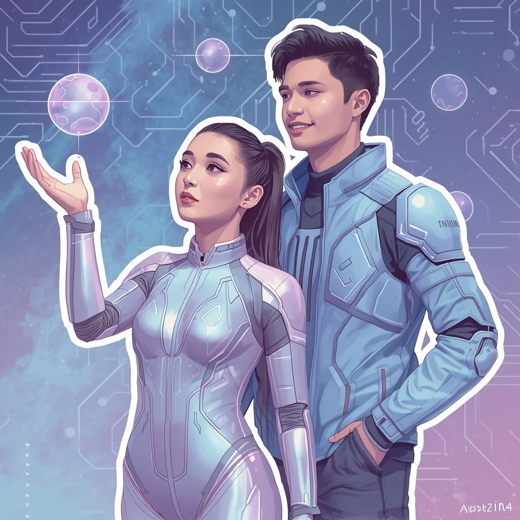 Sci-Fi Duo in Futuristic Pastel Hologram Art — AI image prompt