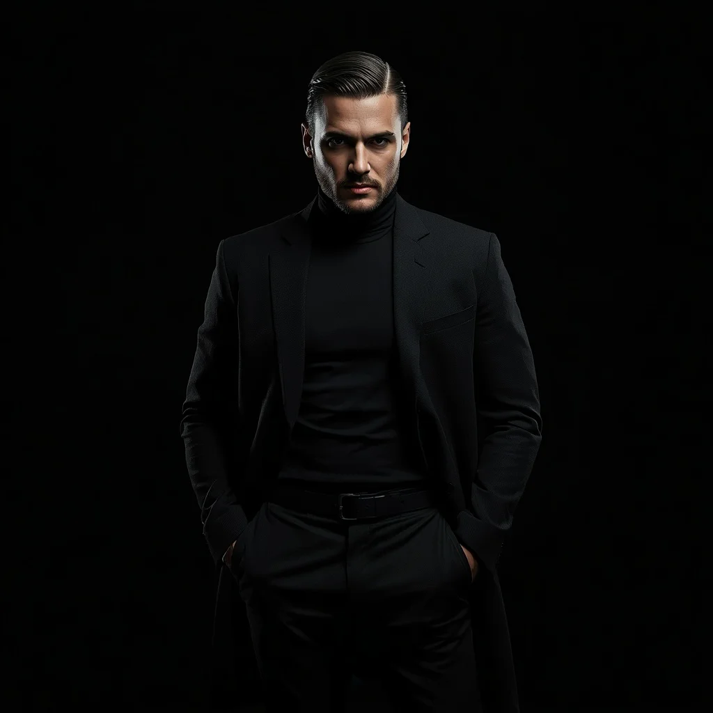 Sleek Shadowplay: Man in Monochrome against Dark Emptiness — AI image prompt