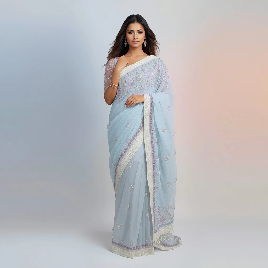 Stunning Indian Woman in a Pastel Blue Designer Saree, Elegant and Luxurious — AI image prompt