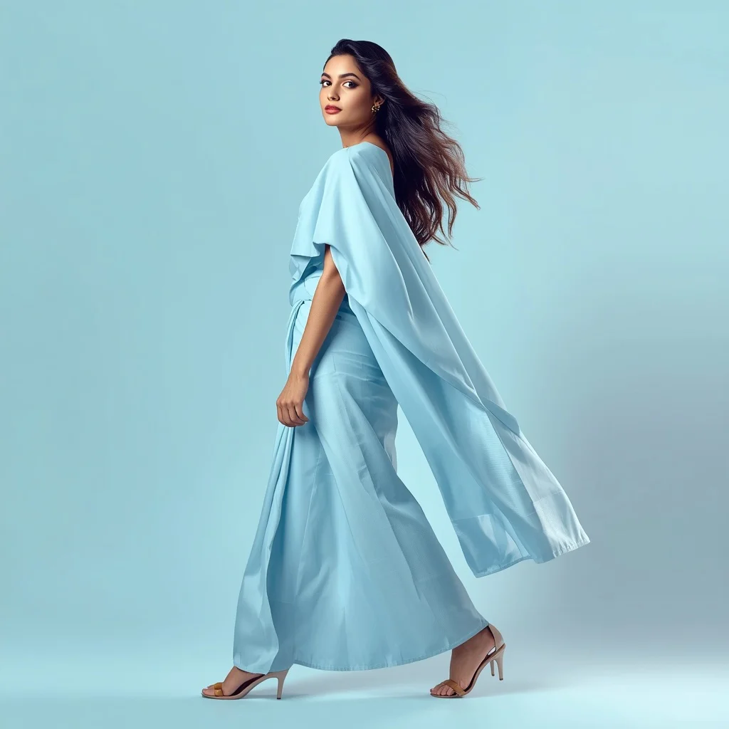 Stylish Indian Woman in a Pastel Blue Saree, Confident and Modern Elegance — AI image prompt