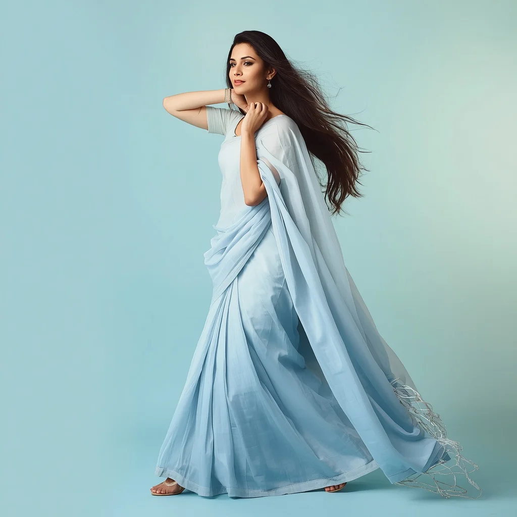 Stylish Indian Woman in a Soft Blue Pastel Saree, Confident and Modern — AI image prompt