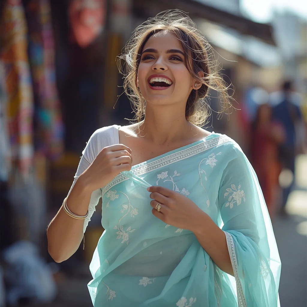 Vibrant Indian Woman in a Pastel Blue Saree, Capturing a Moment of Pure Happiness — AI image prompt