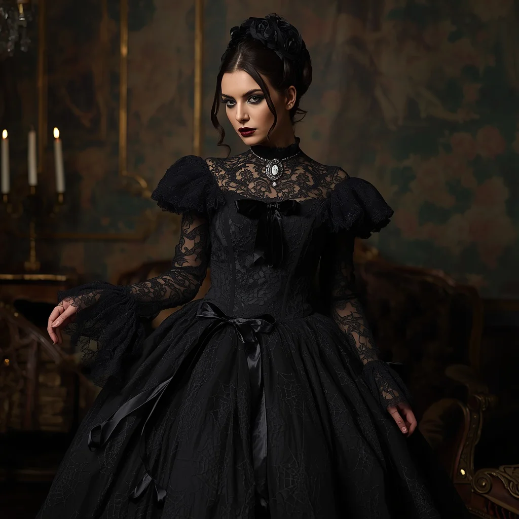 Victorian-Inspired Goth Lace Dress for a Themed Party — AI image prompt